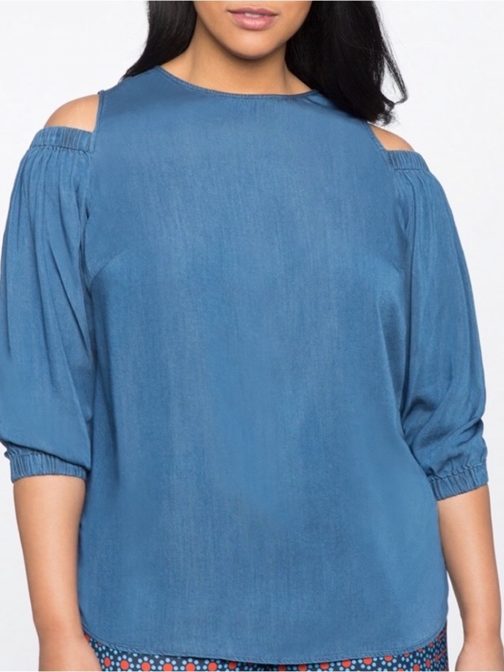 Eloquii Puff-Sleeve Cold Shoulder Denim Blue Chambray Top Plus Size 16